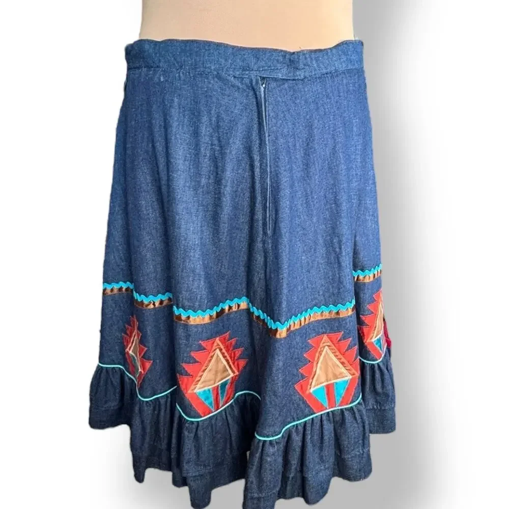 Vintage Handmade Southwest Denim Skirt Tiered Ruffle Hem‎ Abstract Art Appliqué